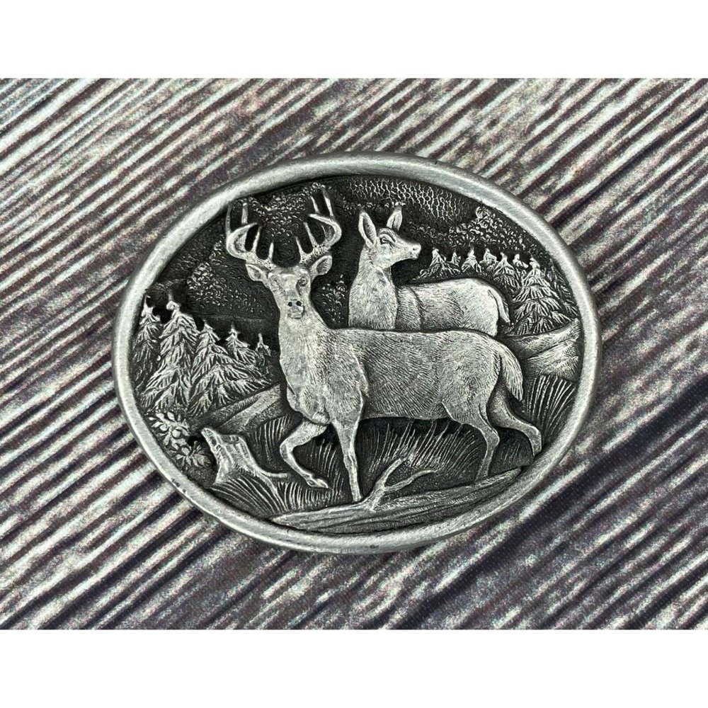 NEW Buck Doe Deer Mountains Trees Woods Heritage Pewter Metal Oval Magnet